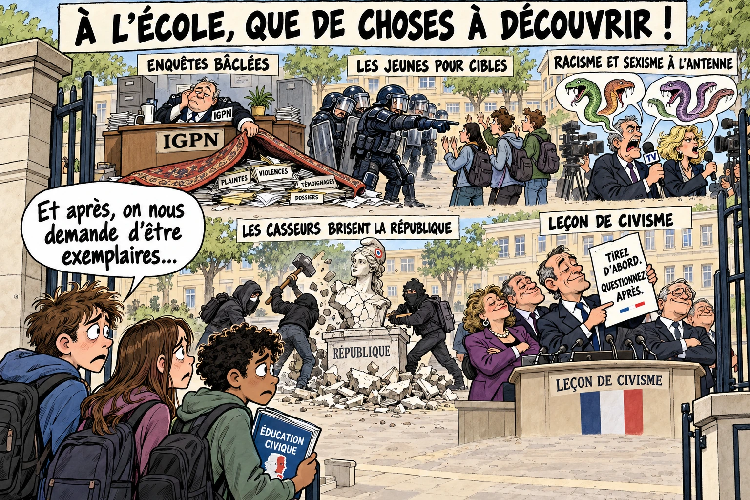 Des élèves regardent des enquêtes balayées sous un tapis, des policiers ciblant des jeunes, des journalistes aux paroles venimeuses, des casseurs et des ministres. « Et après, on nous demande d’être exemplaires… »