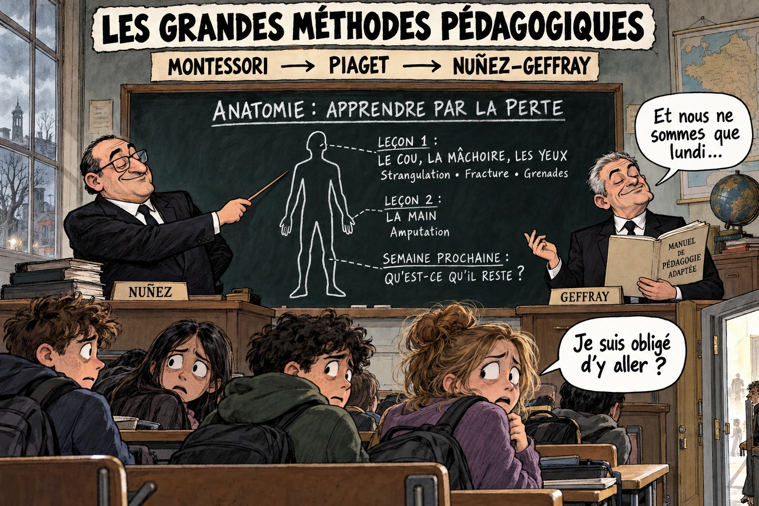 Nuñez et Geffray présentent une leçon d’anatomie à des élèves inquiets. Un élève demande : « Je suis obligé d’y aller ? ».