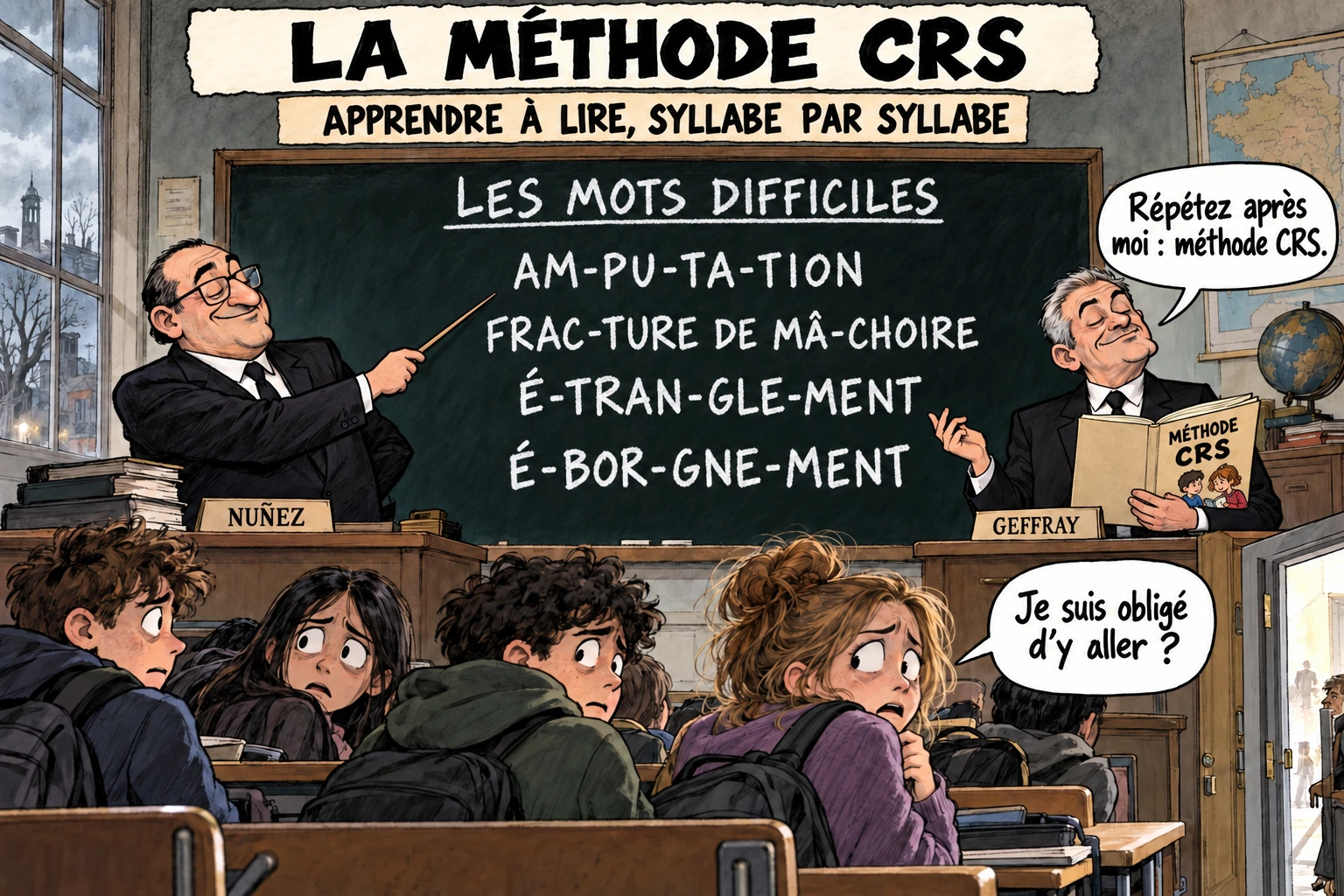 Une leçon de lecture décompose les mots amputation, fracture de mâchoire, étranglement et éborgnement en syllabes. « Répétez après moi : méthode CRS. »