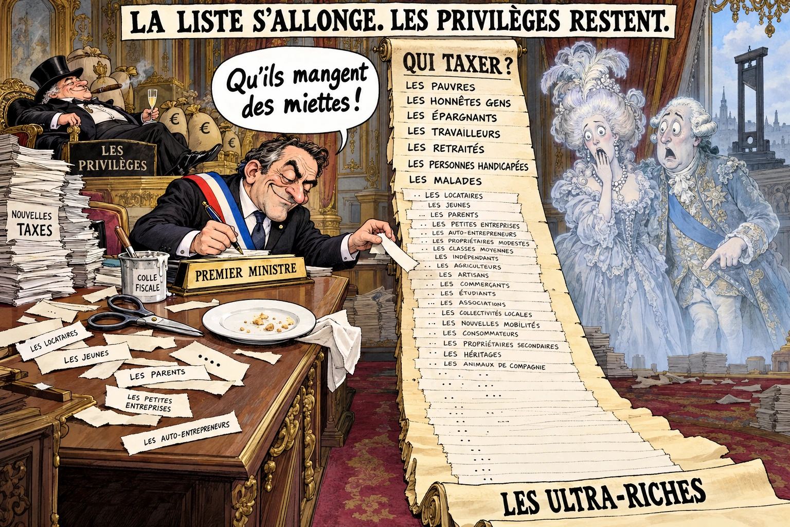 Le Premier ministre rallonge une liste de contribuables, repoussant les ultra-riches tout en bas. Les fantômes de Marie-Antoinette et de Louis XVI regardent avec horreur ; une guillotine se profile à l’arrière-plan.