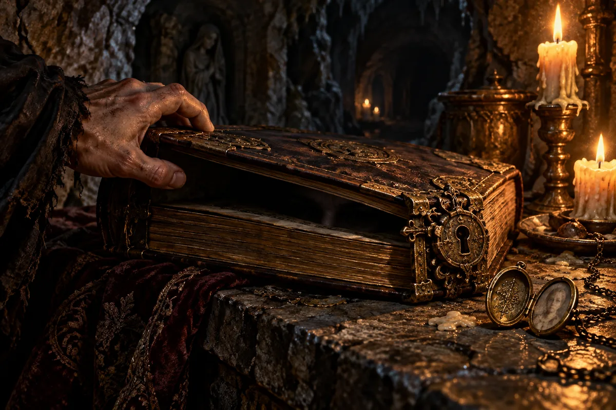 A thief reaches for a leather-bound book with an ornate metal lock in candlelight.