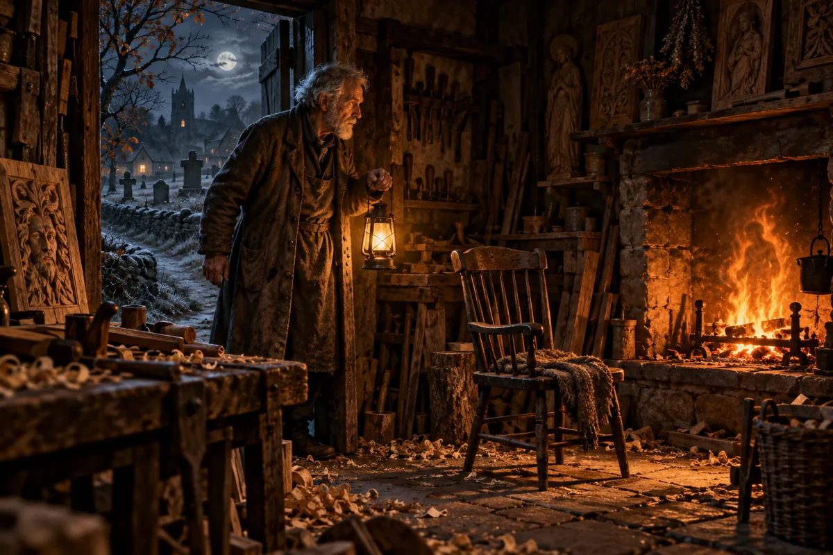 An elderly cabinet-maker pauses in his lantern-lit workshop beside an empty chair and glowing hearth.