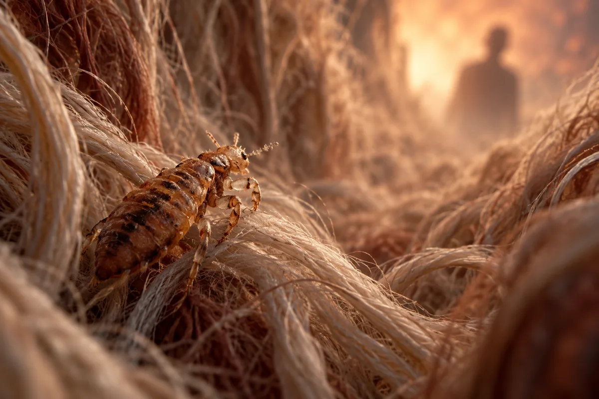 A tiny louse climbs through dense fibers toward a blurred human silhouette.