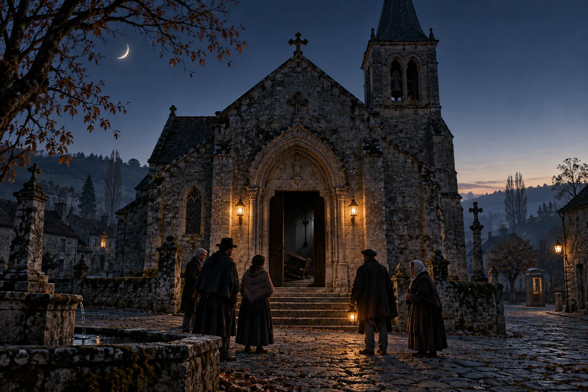Villagers gather before a dark church doorway under the late-October moon.