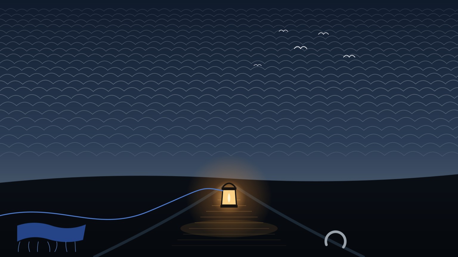 A lantern on a dark road, joined by a blue thread to a piece of cloth and a horseshoe beneath gulls and mackerel skies.