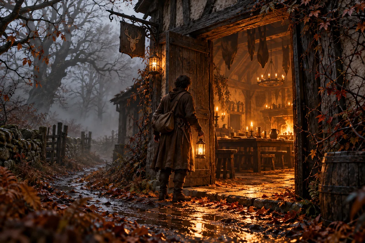 A lost tailor stands before a warm-lit tavern door in a fog-bound wood.