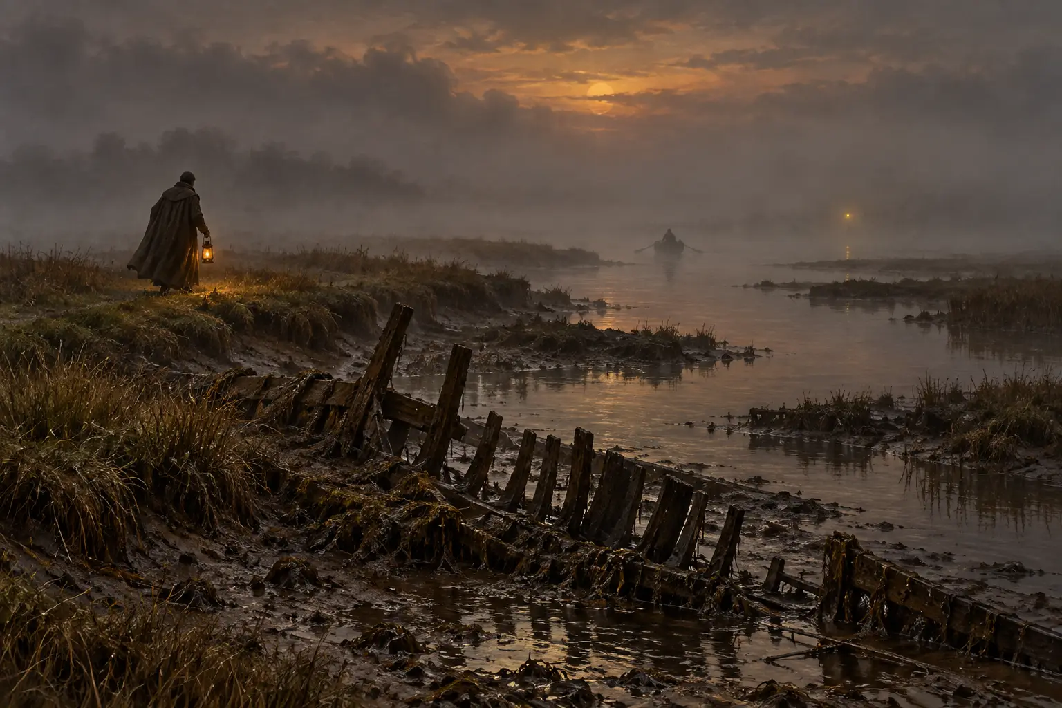 A lantern-bearing traveller beside wrecked wooden boats on the fogbound Medway marshes; a rowing boat and distant light fade into the mist.