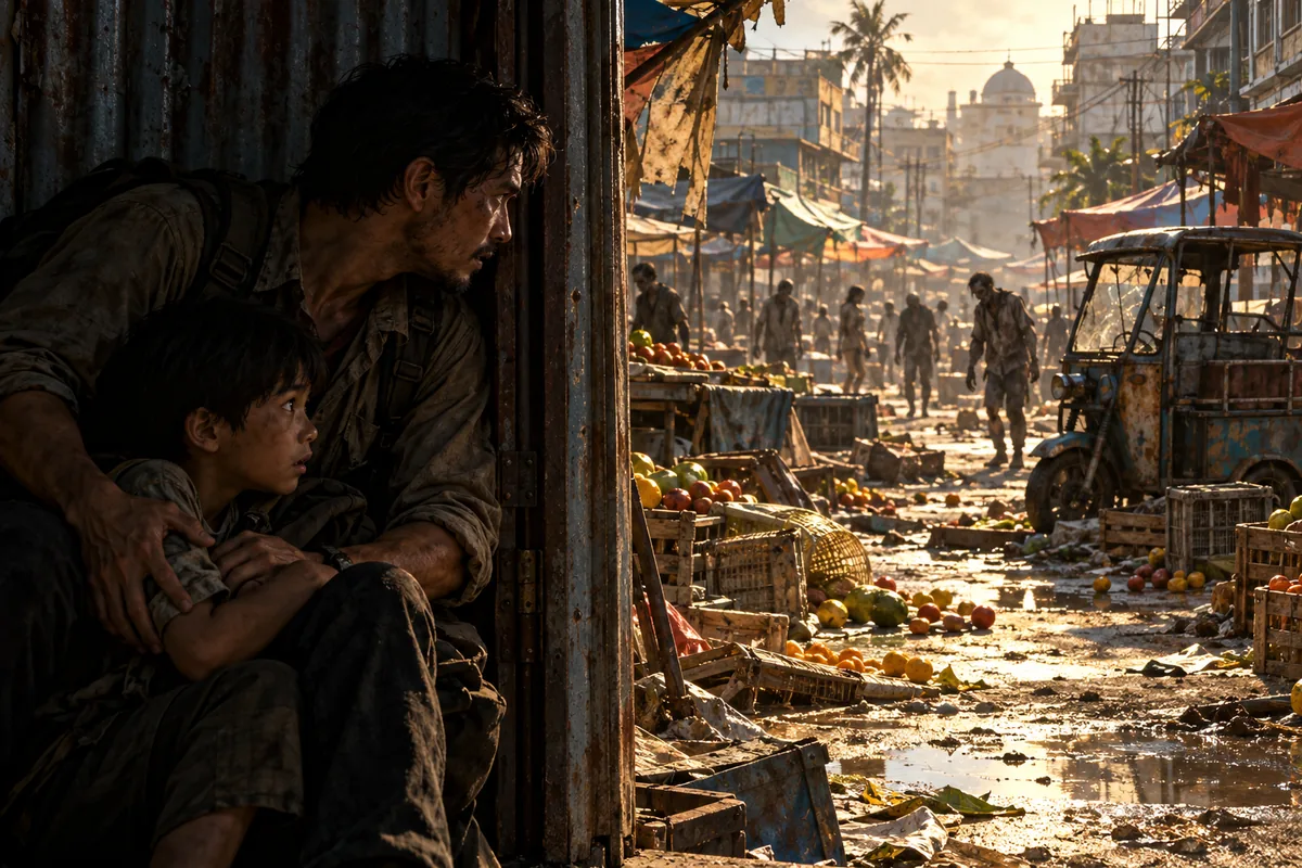 A father and boy hide in shadow as zombie silhouettes move through a sunlit market.